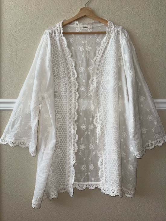 Solitaire Other - Cotton Blend Crochet Trim Lightweight Longline Kimono Crisp White Beachy 2X